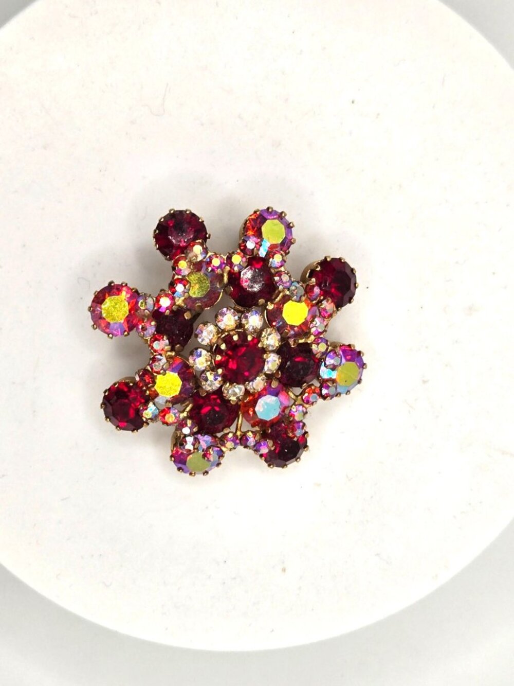 Vintage Triad Red AB Rhinestone Brooch 2” Gold Tone Starburst Signed
